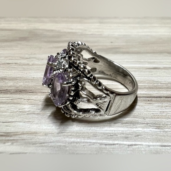 Vintage Designer Signed SETA Sterling Silver 3 Stone Amethyst Ring, Size 6 - Picture 2 of 11